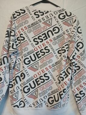 GUESS Logo Print  Sweatshirt - White with Black & Red Logo Allover Size Med